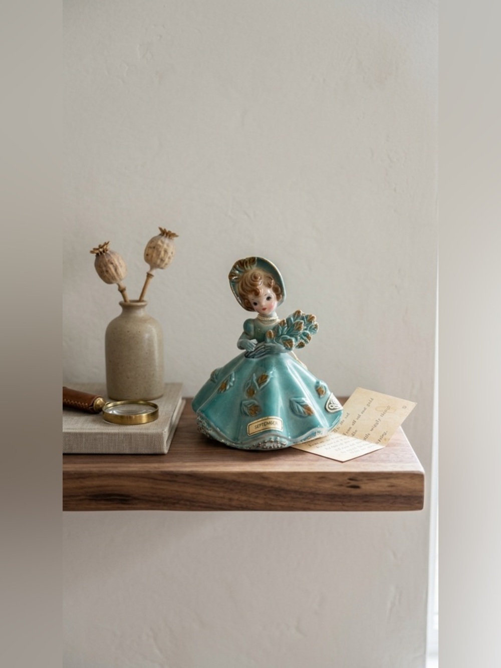 Vintage Josef Originals September Birthday Doll Figurine Teal Dress Japan